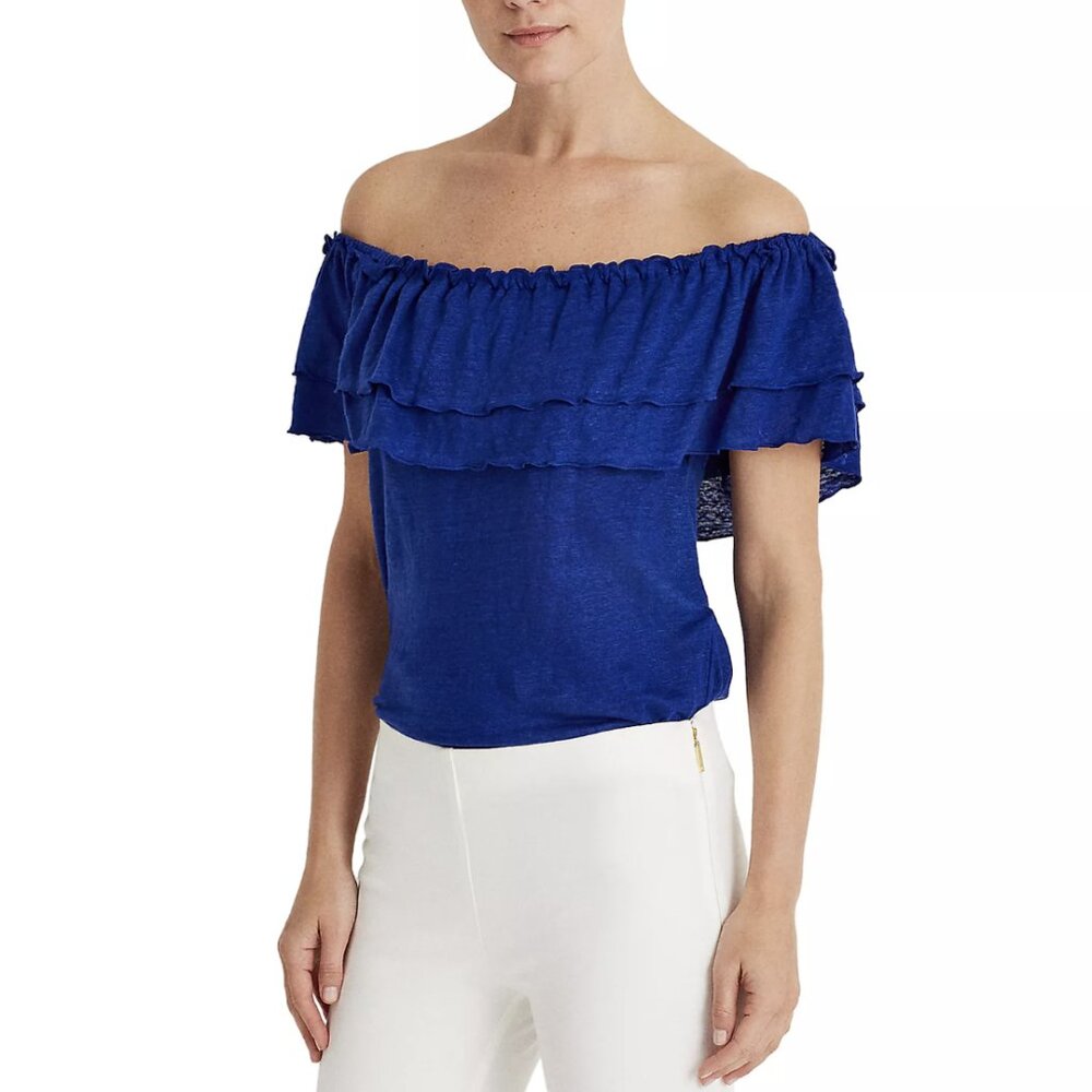 Lauren Ralph Lauren Royal Blue Ruffle Off-the-Shoulder Top